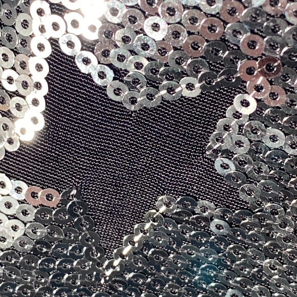 XOXO dress: A-line V-neck mini w silver sequins lined w black stars - L - Picture 14 of 16